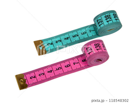 Pink and blue rubber tapes measure for sewing cloth or fabric isolated on the white Pink and blue rubber tapes measure for sewing cloth or fabric isolated on the white 118548302