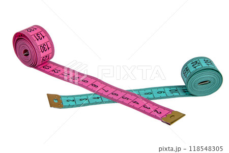 Pink and blue rubber tapes measure for sewing cloth or fabric isolated on the white 118548305