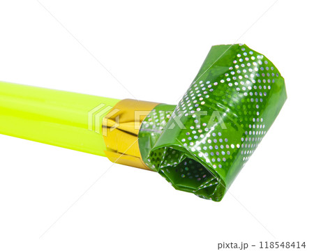 Party colorful foil noisemaker rolled or whistle isolated on the white Party colorful foil noisemaker rolled or whistle isolated on the white 118548414