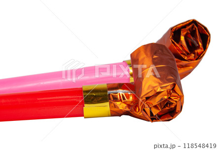 Party colorful foil noisemaker rolled or whistle isolated on the white Party colorful foil noisemaker rolled or whistle isolated on the white 118548419