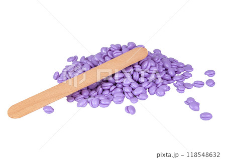 Aromatherapy violet lavender wax drops for depilation isolated on the white 118548632