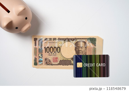 クレジットカードと一万円札と豚の貯金箱 118548679