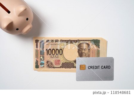 クレジットカードと一万円札と豚の貯金箱 クレジットカードと一万円札と豚の貯金箱 118548681