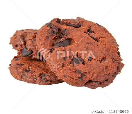 Brown american cookies with chocolate drops tasty bakery isolated on the white 118548696