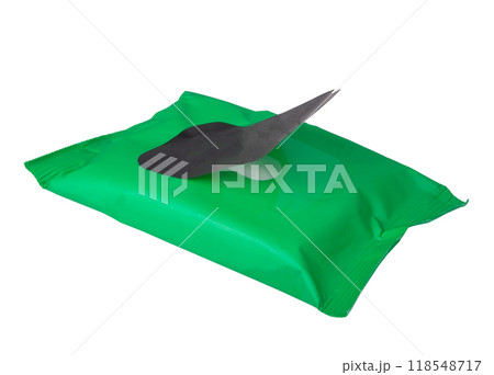 Green pack of wet wipes isolated on the white 118548717