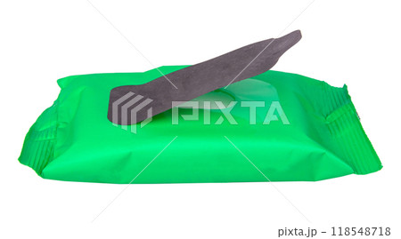 Green pack of wet wipes isolated on the white 118548718
