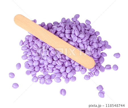 Aromatherapy violet lavender wax drops for depilation isolated on the white Aromatherapy violet lavender wax drops for depilation isolated on the white 118548744