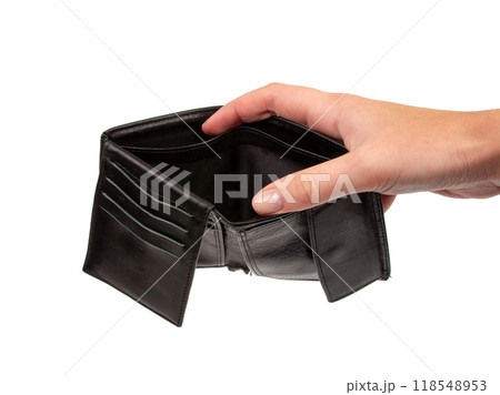 Black wallet in hand isolated on the white Black wallet in hand isolated on the white 118548953