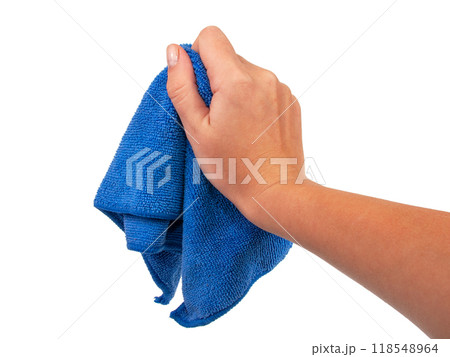 Blue cleaning rag in hand isolated on the white Blue cleaning rag in hand isolated on the white 118548964