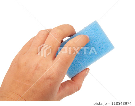 Sponge for washing dishes in hand isolated on the white 118548974