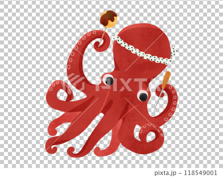 タコ焼きを持ったねじり鉢巻のタコ 水彩風手描きイラスト タコ焼きを持ったねじり鉢巻のタコ 水彩風手描きイラスト 118549001