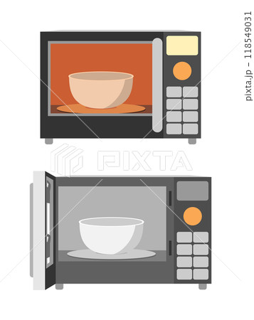 ボタン式の電子レンジでボウルを温めるイラスト セット ボタン式の電子レンジでボウルを温めるイラスト セット 118549031