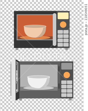ボタン式の電子レンジでボウルを温めるイラスト セット ボタン式の電子レンジでボウルを温めるイラスト セット 118549031