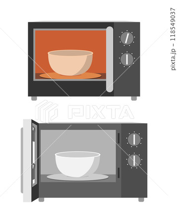 ダイヤル式の電子レンジでボウルを温めるイラスト セット ダイヤル式の電子レンジでボウルを温めるイラスト セット 118549037