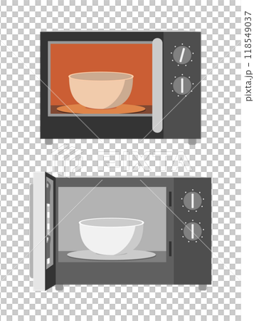 ダイヤル式の電子レンジでボウルを温めるイラスト セット ダイヤル式の電子レンジでボウルを温めるイラスト セット 118549037