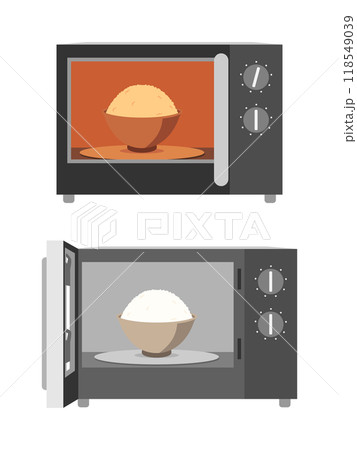 ダイヤル式の電子レンジでご飯を温めるイラスト　セット 118549039