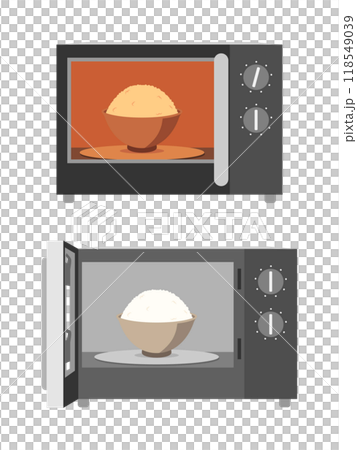 ダイヤル式の電子レンジでご飯を温めるイラスト　セット 118549039