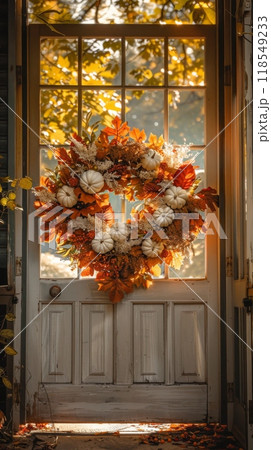 A sunlit entrance with a Thanksgiving wreath with fall leaves and white pumpkins. Vertical banner 118549233