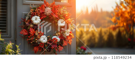 A sunlit entrance with a Thanksgiving wreath with fall leaves, white pumpkins, flowers. Wide banner 118549234