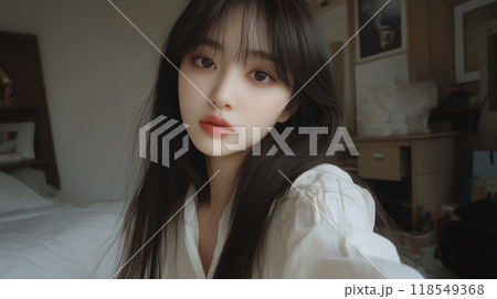 美肌の若くて可愛い女性モデルのナチュラルな素顔の自撮り写真 118549368