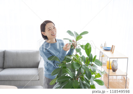 観葉植物の手入れをする女性 118549598