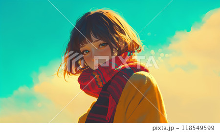 赤いマフラーをした可愛い女性のポートレート 118549599