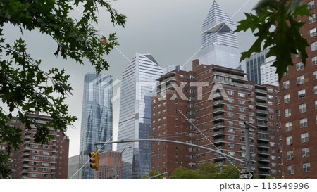 New York City residential red brick architecture, Hudson Yards, Chelsea, Manhattan Midtown street. 118549996