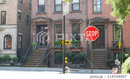 New York City townhouse building, Brooklyn Heights residential brownstone house architecture in USA. 118549997