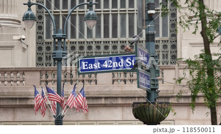 New York City Grand Central Terminal, 42 street sign, Park Avenue, Pershing Square. American flag. 118550011