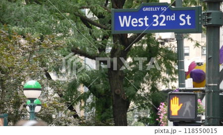 New York City crossroad, street intersection road sign. Manhattan Broadway, Herald Square, Midtown. 118550015