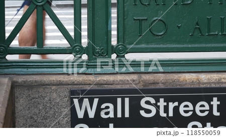 New York subway sign, Wall street underground metro station. Metropolitan entrance. Stock Exchange. New York subway sign, Wall street underground metro station. Metropolitan entrance. Stock Exchange. 118550059