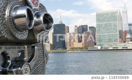 New York City waterfront skyline, Manhattan Midtown riverfront skyscrapers. Cityscape from Queens. 118550089