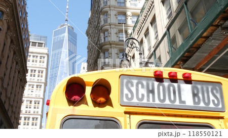 Yellow School Bus. Schoolbus on Fulton street, New York City Manhattan Downtown. Children education. Yellow School Bus. Schoolbus on Fulton street, New York City Manhattan Downtown. Children education. 118550121