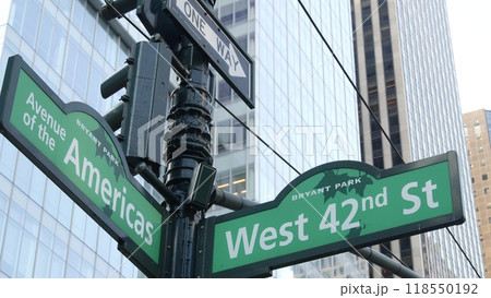 New York City crossroad, 42 street intersection road sign. 6 Sixth ave, Americas avenue. Bryant park New York City crossroad, 42 street intersection road sign. 6 Sixth ave, Americas avenue. Bryant park 118550192