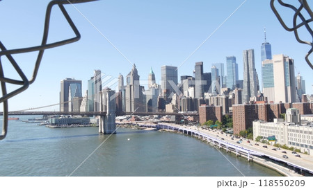 Brooklyn Bridge from Manhattan Bridge. New York City downtown skyline, financial district cityscape. 118550209