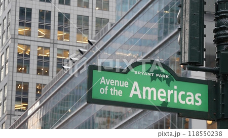 New York City crossroad, street intersection road sign. 6 Sixth ave, Americas avenue. Bryant park New York City crossroad, street intersection road sign. 6 Sixth ave, Americas avenue. Bryant park 118550238