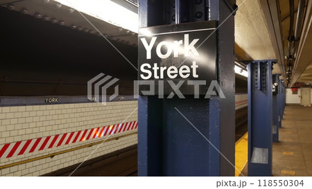 New York subway station, underground metropolitan platform sign. Metro railway passenger transport. New York subway station, underground metropolitan platform sign. Metro railway passenger transport. 118550304