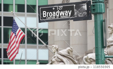 Broadway street road sign, Manhattan architecture, New York City. Traffic signage of street name. 118550305
