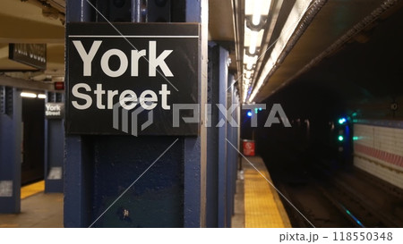 New York subway station, underground metropolitan platform sign. Metro railway passenger transport. New York subway station, underground metropolitan platform sign. Metro railway passenger transport. 118550348