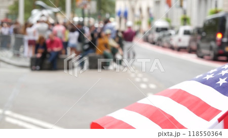 New York City Wall street Charging Bull. Manhattan Downtown Financial District, USA Flag on Broadway 118550364