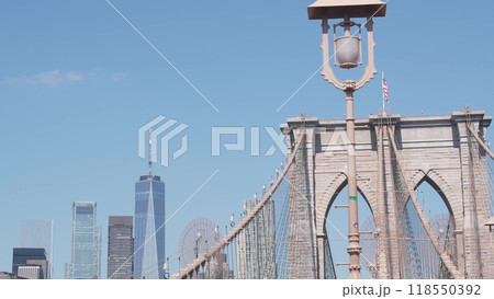Brooklyn Bridge to Manhattan downtown. New York City skyline cityscape. World Trade Center, USA. 118550392