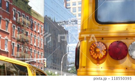 Yellow School Bus on New York Manhattan street, schoolbus truck on USA city road. Children education 118550393