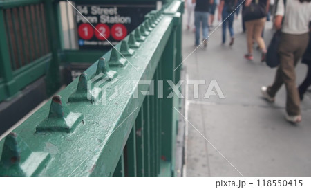 New York subway sign, underground metro station. Metropolitan entrance fence, 34 street Penn Station New York subway sign, underground metro station. Metropolitan entrance fence, 34 street Penn Station 118550415