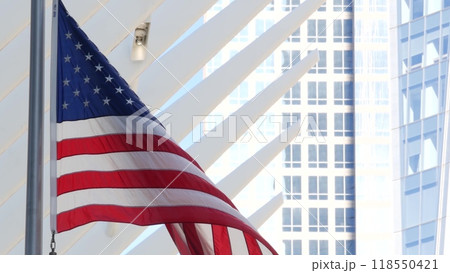 New York, american flag. World Trade Center, WTC. Manhattan downtown city street, 11 September. 118550421