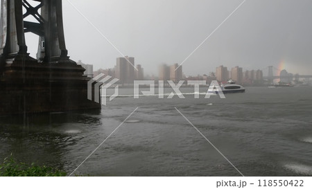 Rainy New York City under Manhattan Bridge, Brooklyn. Rainbow, Williamsburg bridge view from Dumbo. 118550422