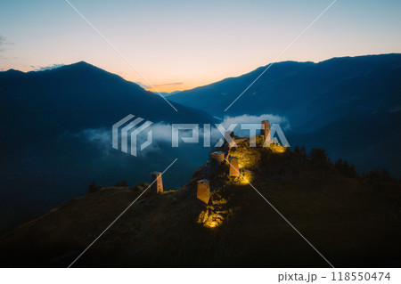 The Upper Omalo village and the fortress Keselo. Travel to the Georgia. Caucasus The Upper Omalo village and the fortress Keselo. Travel to the Georgia. Caucasus 118550474