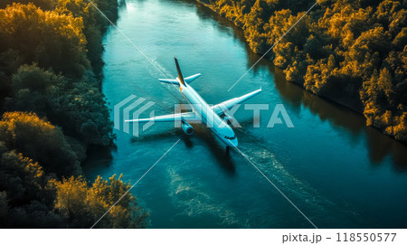 White passenger airplane flying over wide river at sunset 118550577