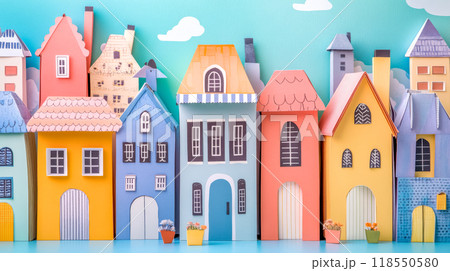 Colorful paper houses forming a miniature cityscape 118550580