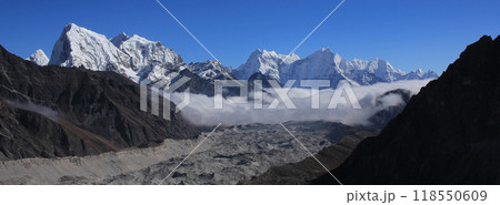 Ngozumba Glacier, Cholatse and other high mountains seen from the Gokyo Valley, Nepal. Ngozumba Glacier, Cholatse and other high mountains seen from the Gokyo Valley, Nepal. 118550609