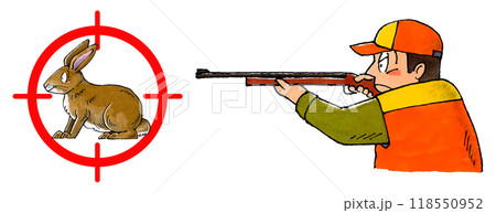 ライフル銃をかまえる猟師と茶色いウサギターゲットマーク 118550952